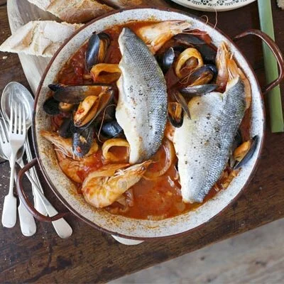 Sea bass and shellfish Italian one-pot